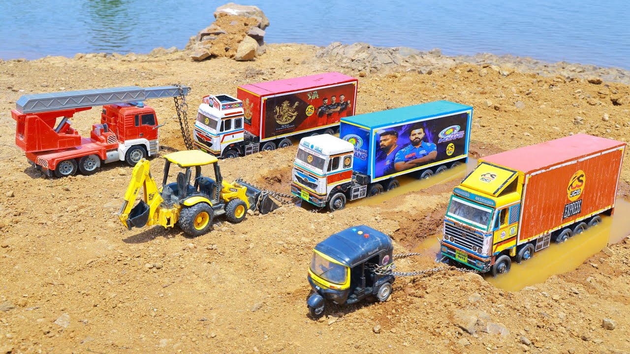 4 Dumper Trucks Mud Crash ? JCB, Auto Rickshaw & Crane Tractor to the Rescue | kids videos | CS Toy