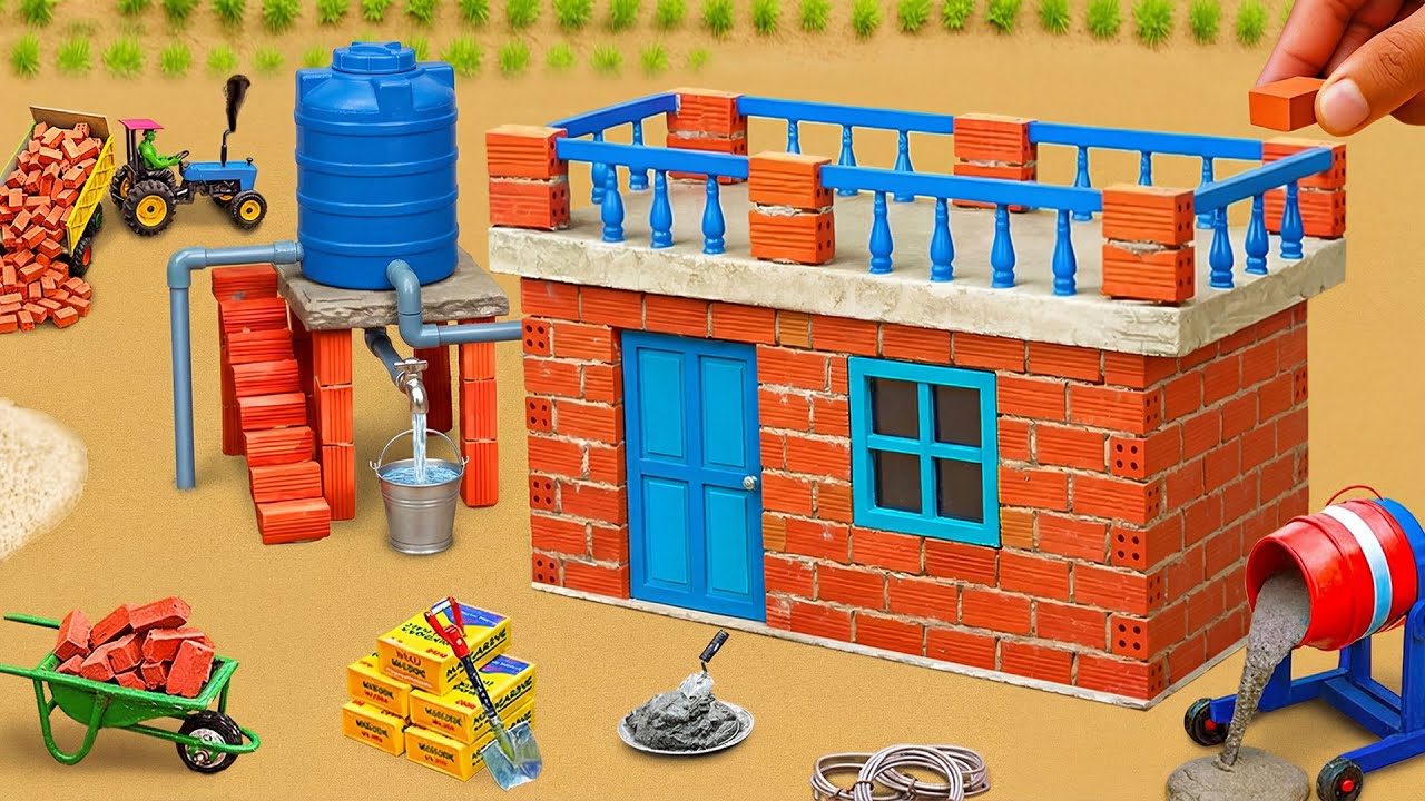 DIY Tractor Science Project Builds a Mini Brick and Cement House with Modern Water System