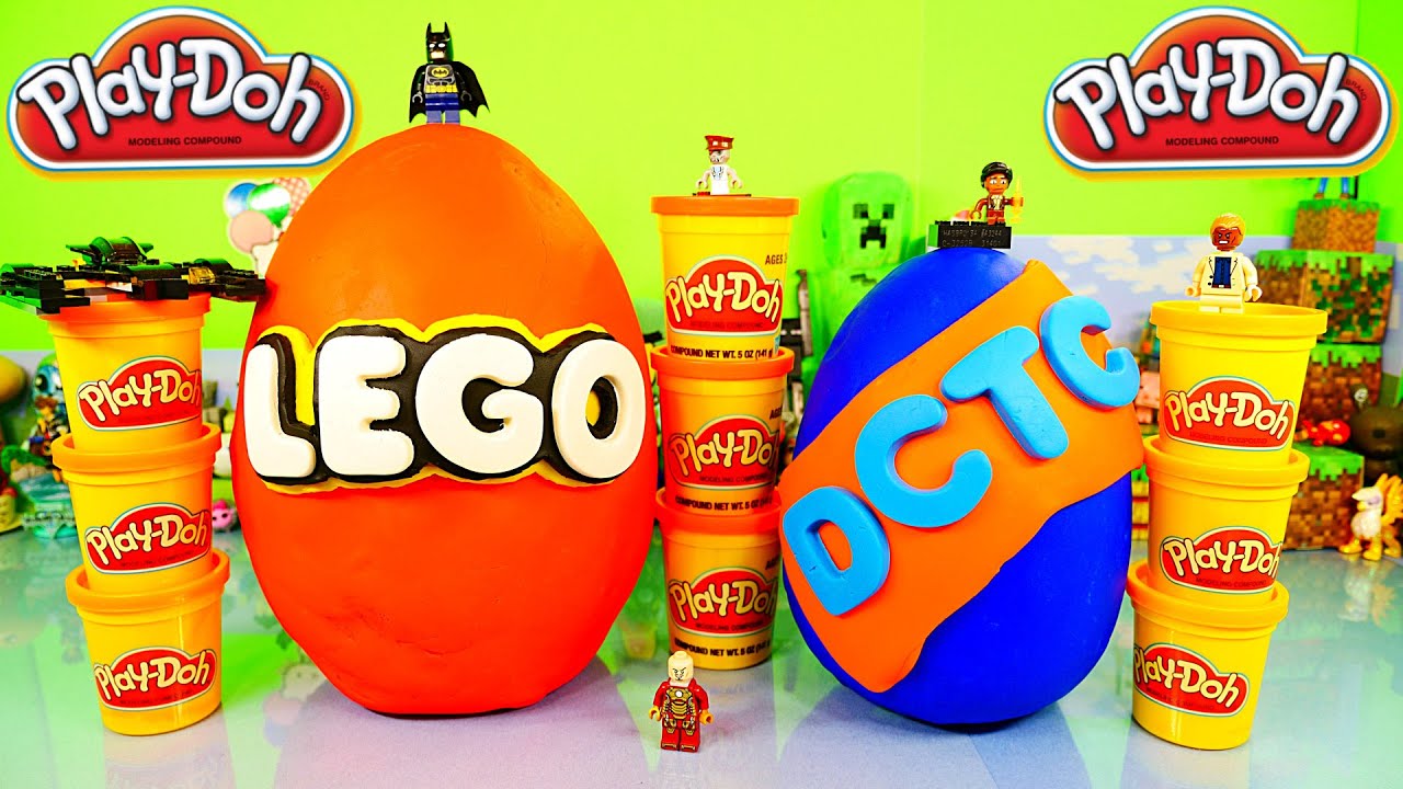 GIANT Play Doh Lego Surprise Egg Toys 10 Legos Minifigures Packs DCTC Playdough Eggs Videos