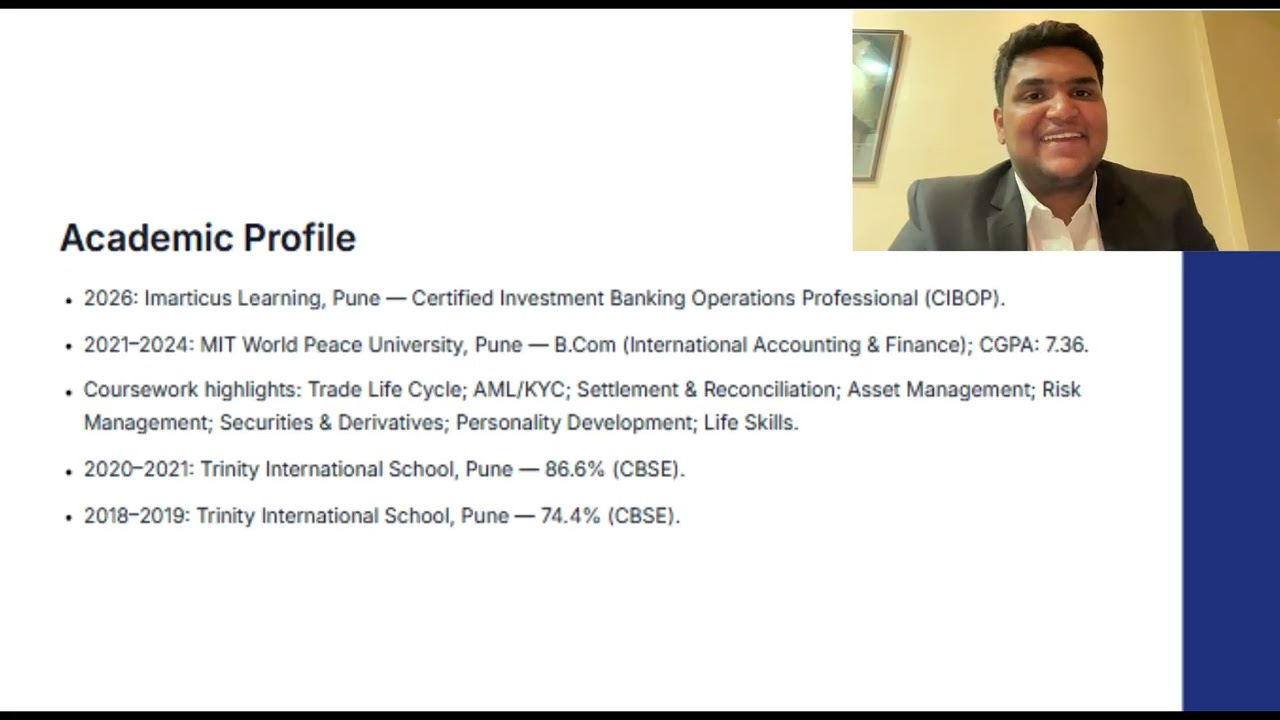 My journey from College student to Aspiring  Investment Banking Professional, IMARTICUS VIDEO RESUME