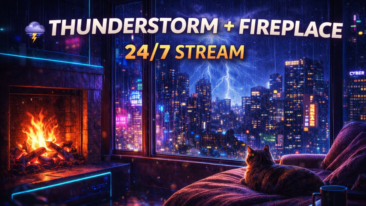 Cozy Apartment Thunderstorm 🌧 Fireplace & Rain on Window | No Talking Sleep Sounds (24/7 Live)