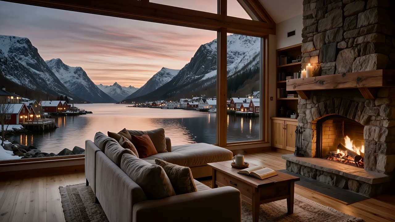 Cozy Fjord Village Fireplace Evening 🌅🔥 | Peaceful Waterfront Cabin at Dusk