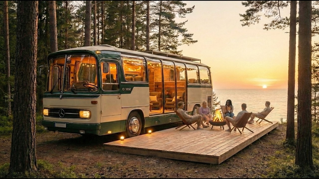 Friend Group Turns Abandoned Mercedes Bus in Forest Into a Luxury Home  Forest & Ocean ASMR