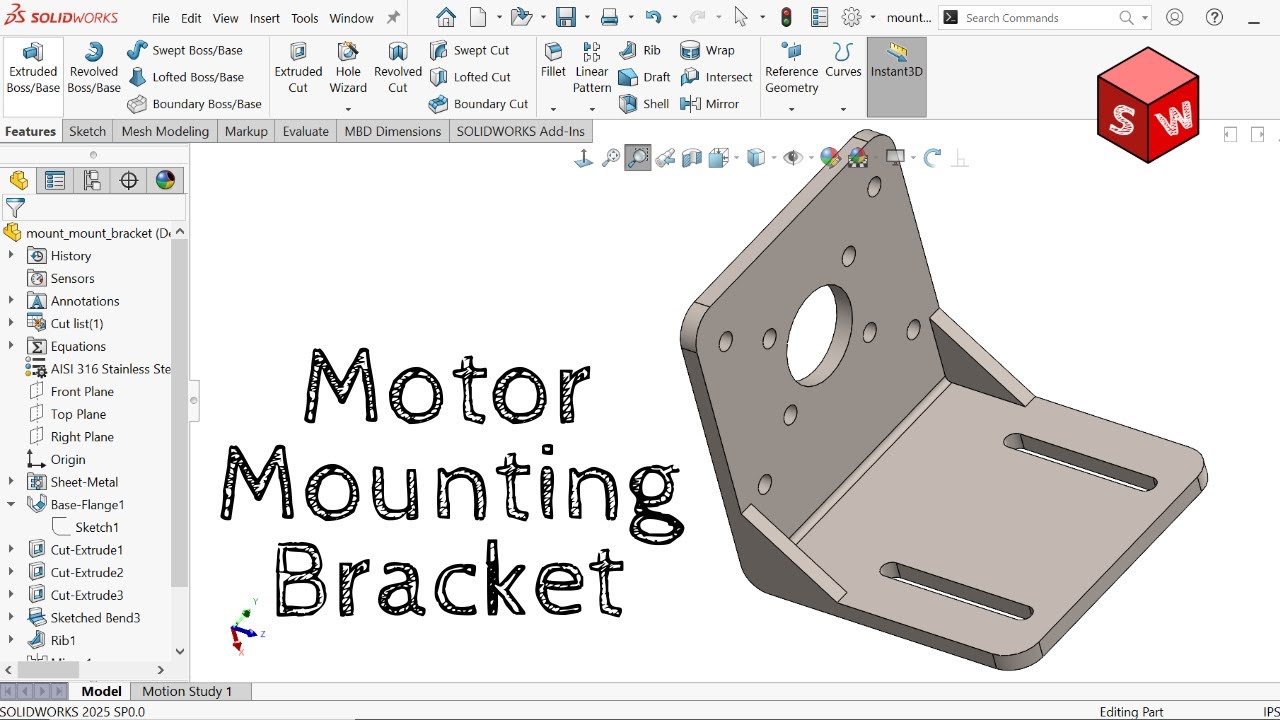 Учебное пособие по листовому металлу в Solidworks | Кронштейн для шагового двигателя