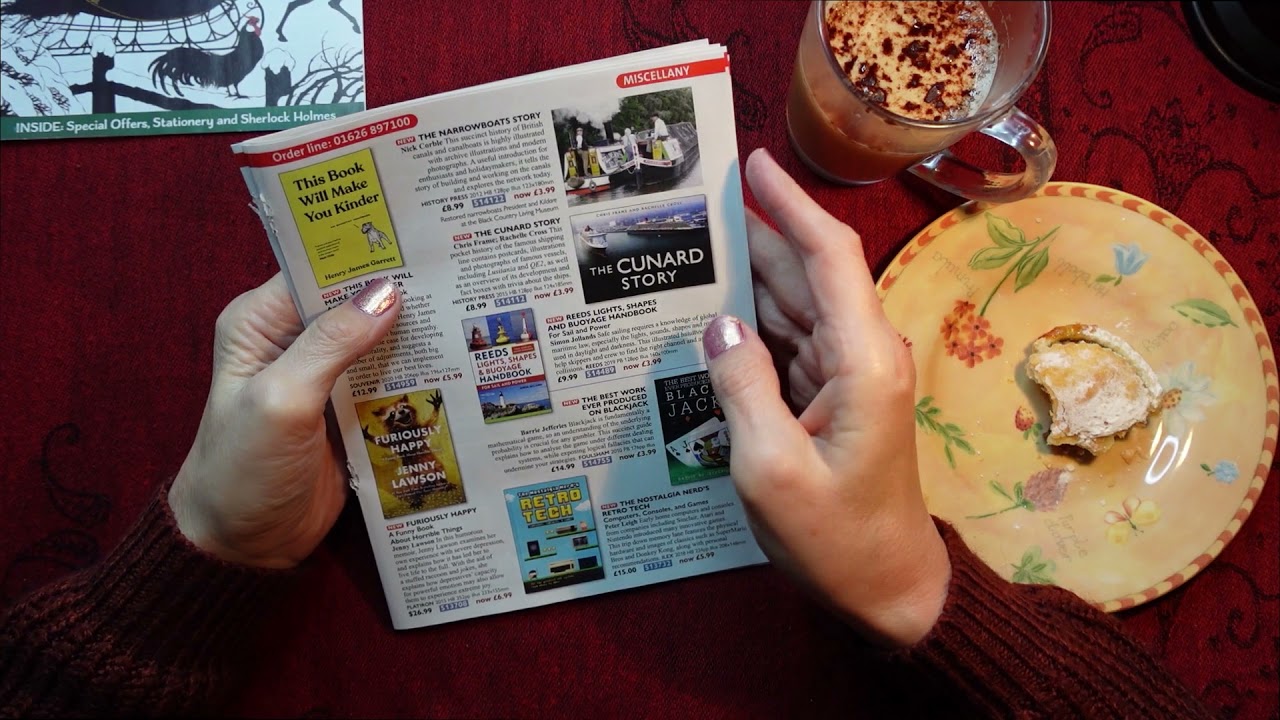 ASMR | Seasonal Book Sales Circular at Coffee Time (and a Mince Pie!) Whispered Chat + Cat!!