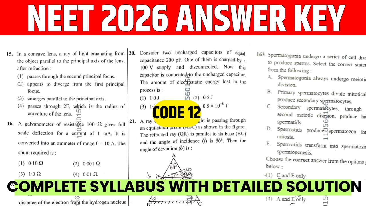 Neet 2026 answer key 🚀 | Code 12 🔐 | Neet 2026 question paper with answer | Verma Study