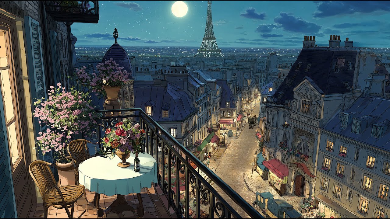🌙 Romantic Paris Balcony Night | Soft Oldies Playing with the Eiffel Tower View