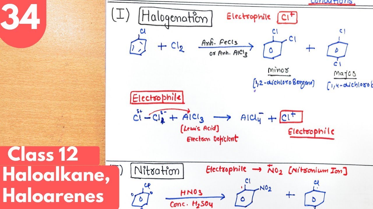 34) Electrophilic substitution reactions of Haloarenes| Halogenation Nitration, sulphonation #neet