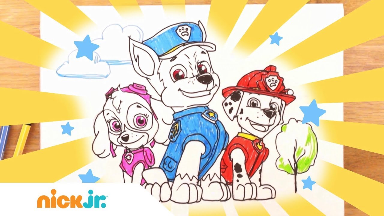 דפי צביעה של מפרץ ההרפתקאות 🐾 צ'ייס, סקיי ומארשל | ניק ג'וניור