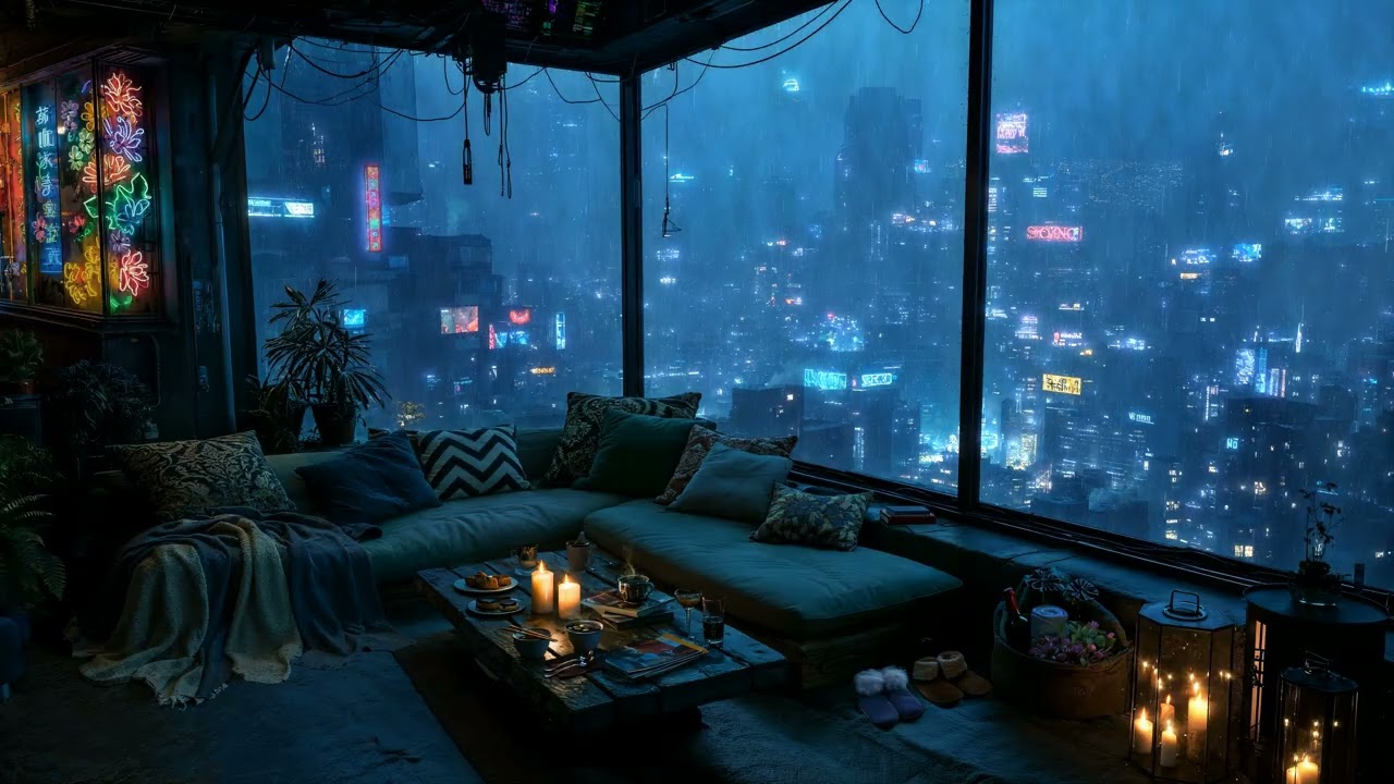 🎵Kurohana Lounge: Rain and Distant Echoing Ambient Music | Cyberpunk Balcony Views | 4K | 10 hours