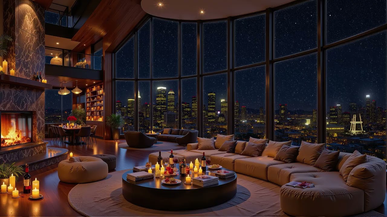 4K Warm Night City Ambience for Relaxation & Sleep - Smooth Piano Jazz Music in Cozy Apartment