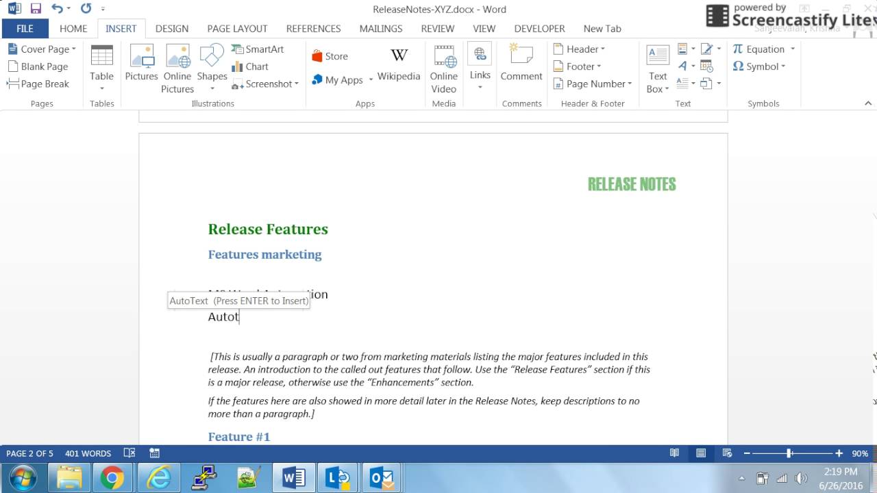 MS Word auto text