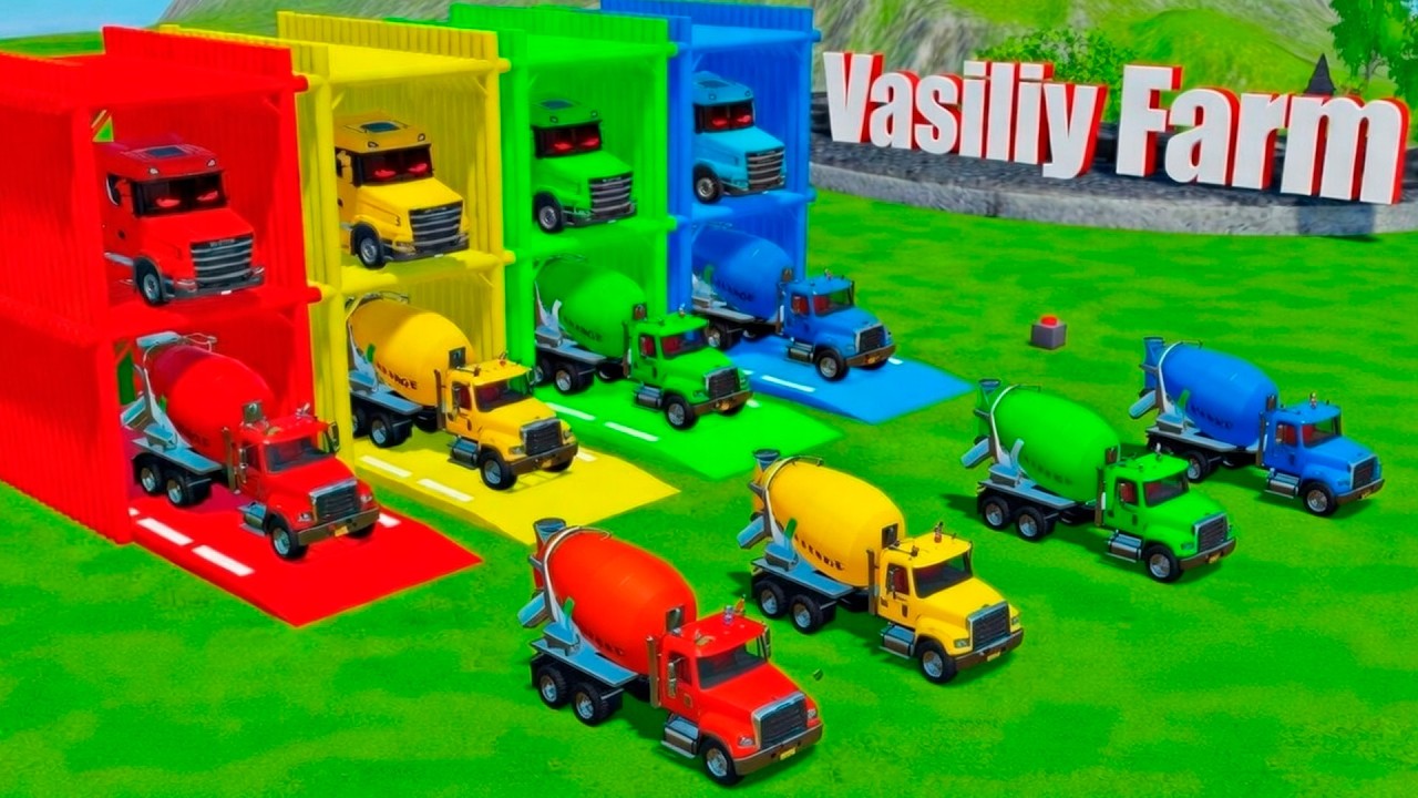 Garage with Colors - ALL MIXER TRUCK WITH DOUBLE FLATBED TRAILER TRUCK, VOLVO, MERCEDES, LIZARD