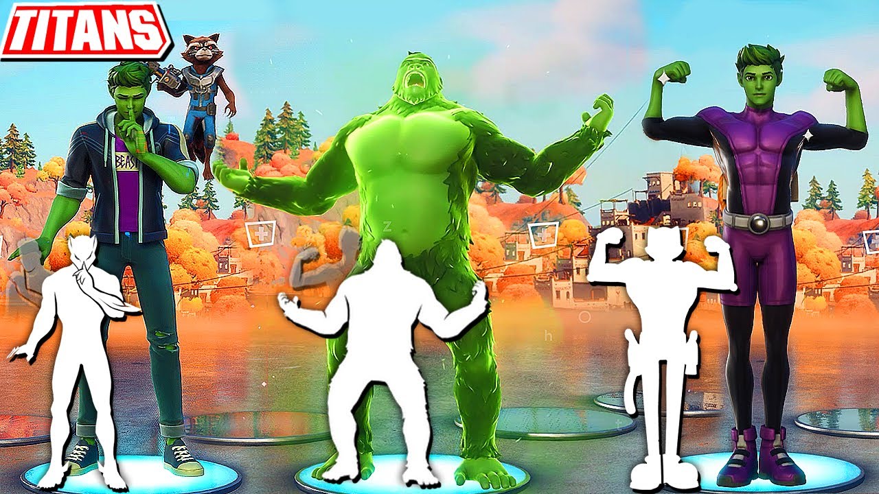 Fortnite DC's BEAST BOY Skin (ALL STYLES) doing all Built-In Emotes! GO APE Built-In Emote include