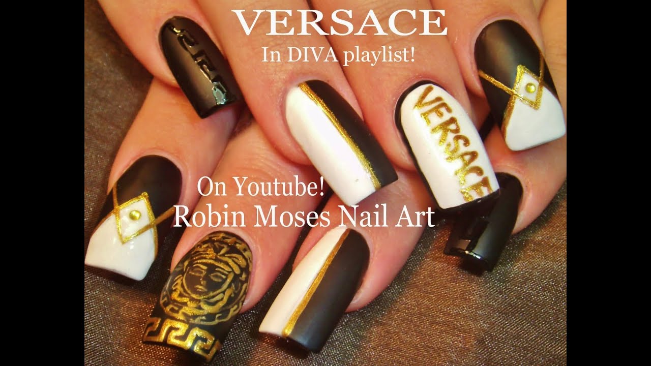 Versace Black and white nail design with Gold Accent Nails Tutorial