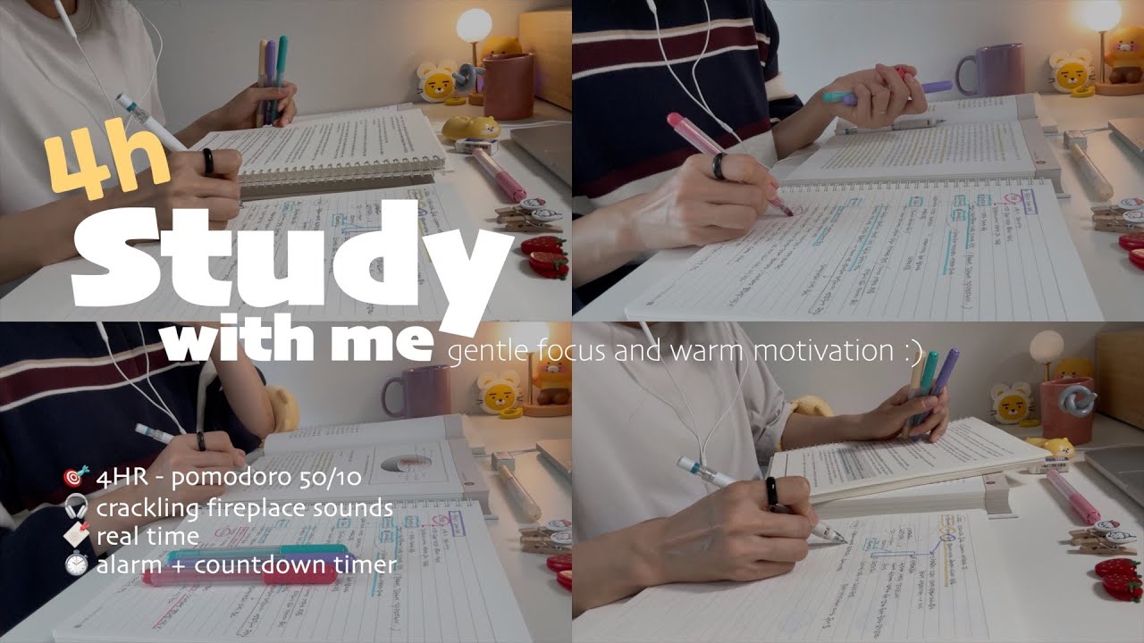 🗂️4HR STUDY WITH ME(50/10)ㅣ🔥crackling fireplace soundsㅣwith alarm + timer