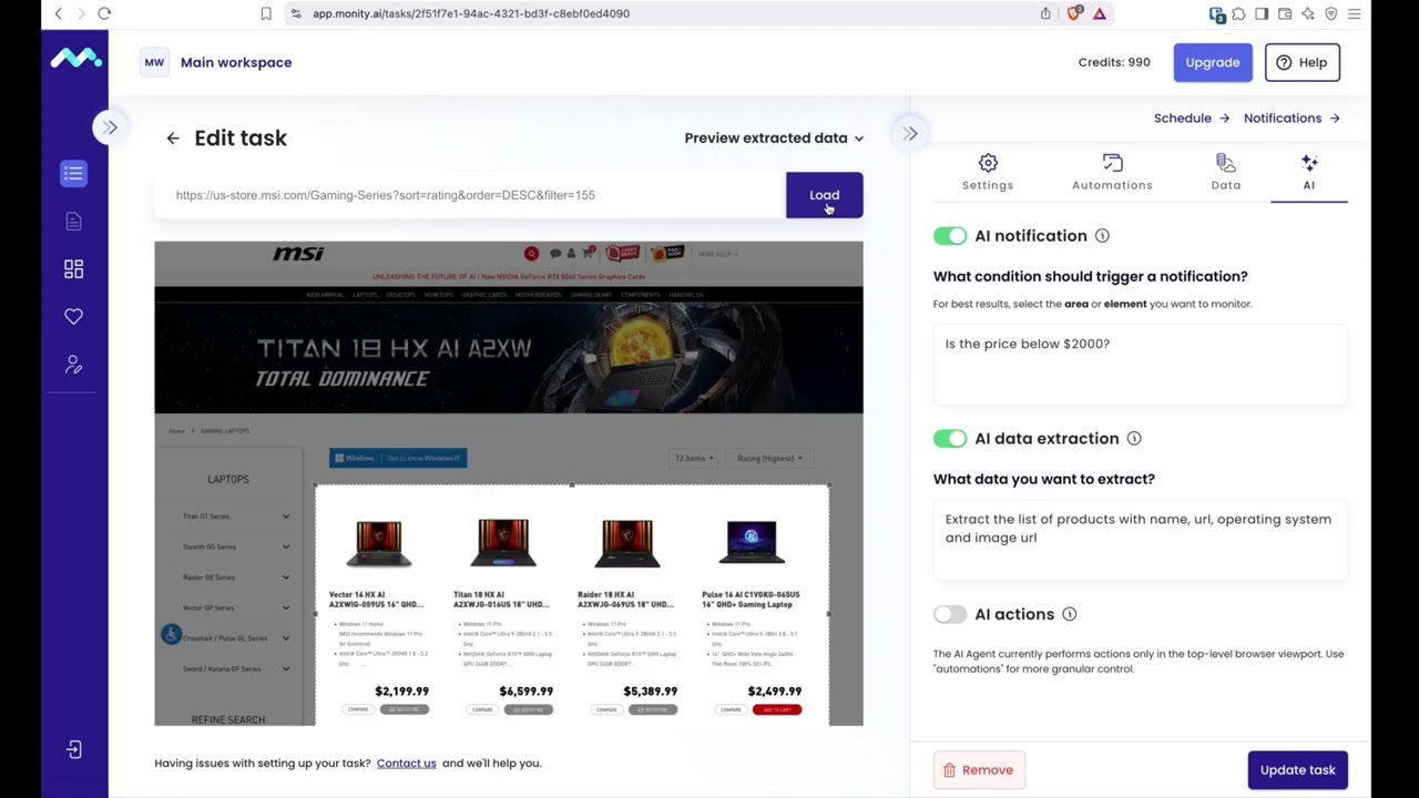 Monitor website changes with AI using monity.ai