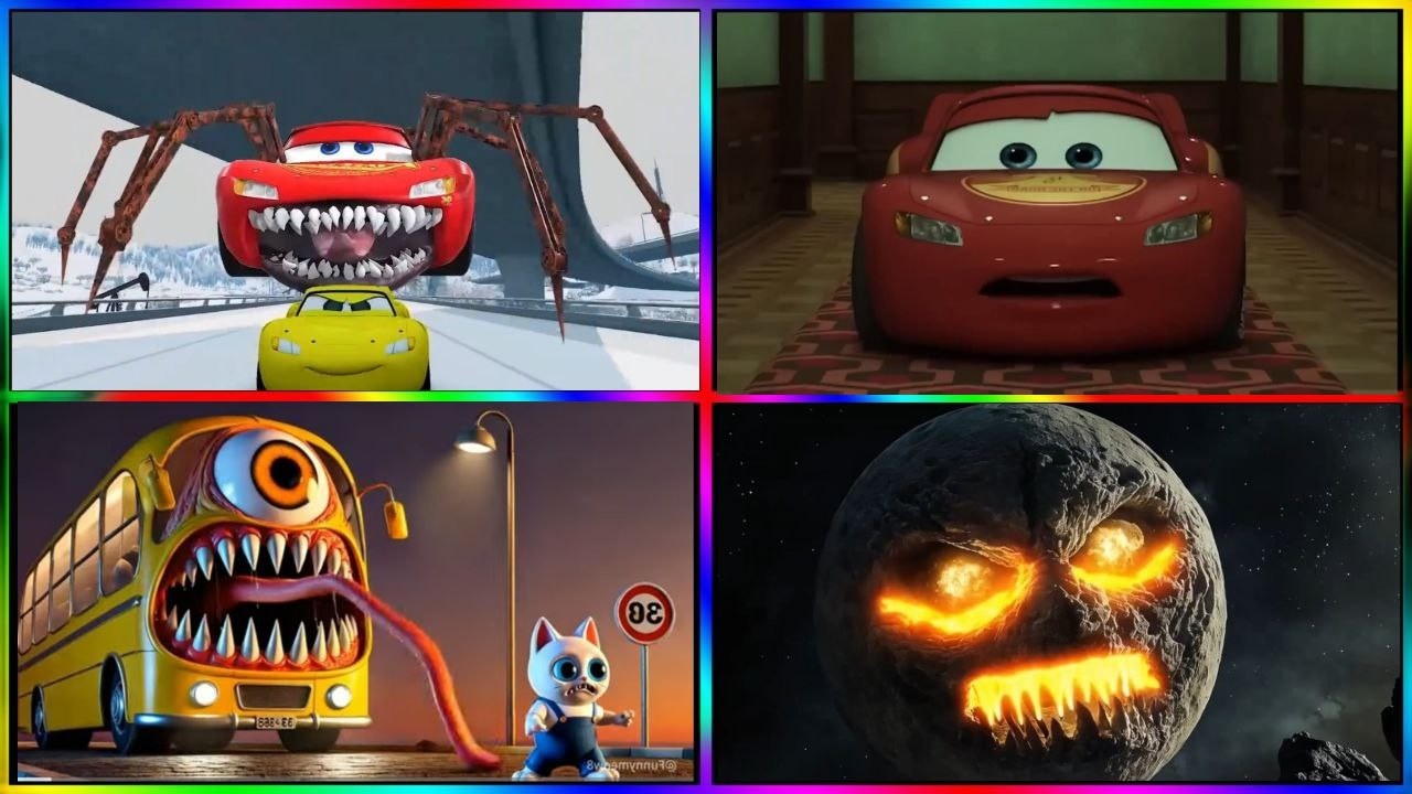 🚀🚀Lightning McQueen EATER🆚🚀Skibite School bus Monster 🆚🚀Lunar Moon🆚🚀McQueen Worm🎶🎶Tiles Hop
