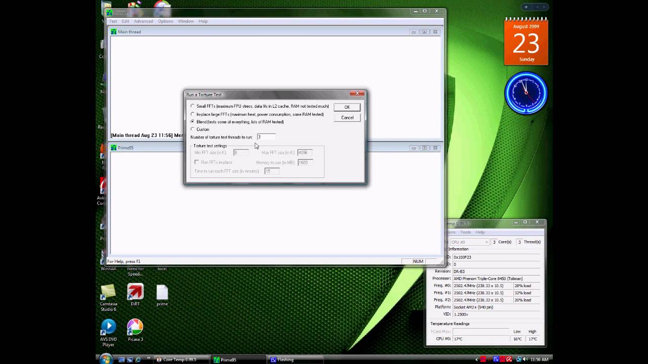 Prime95 AMD Phenom X3 2.1Ghz OC @ 2.5Ghz Run
