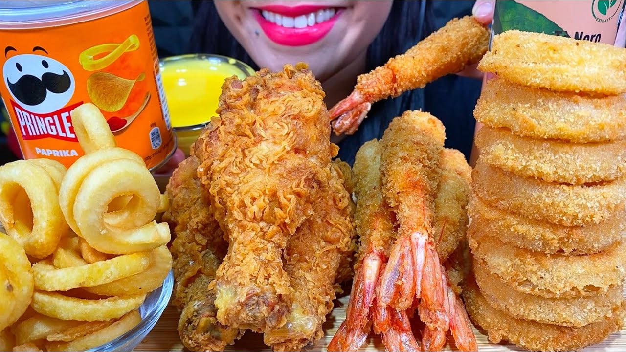 ASMR FRIED CHICKEN, FRIED SHRIMP, ONION RINGS, CURLY FRIES, PRINGLES MUKBANG MASSIVE Eating Sounds