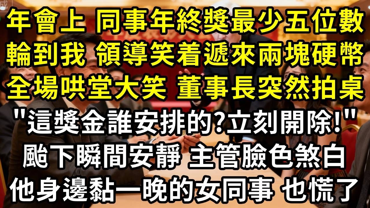 年會上，同事年終獎最少五位數，輪到我，領導笑着遞來兩塊硬幣，全場哄堂大笑，董事長突然拍桌