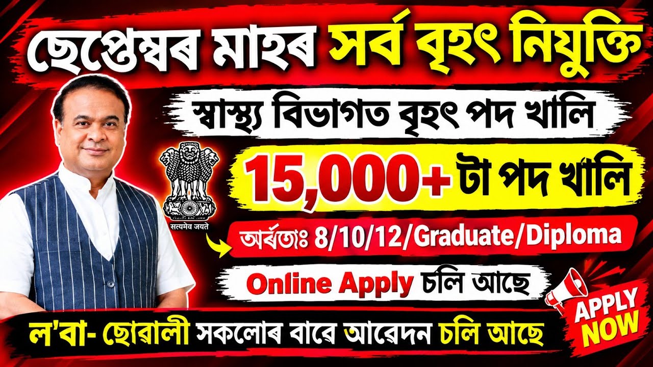 Assam Health Department Recruitment 2026 | 15,000+ Vacancy 😱 | 8th/10th/12th/Graduate | Apply Online