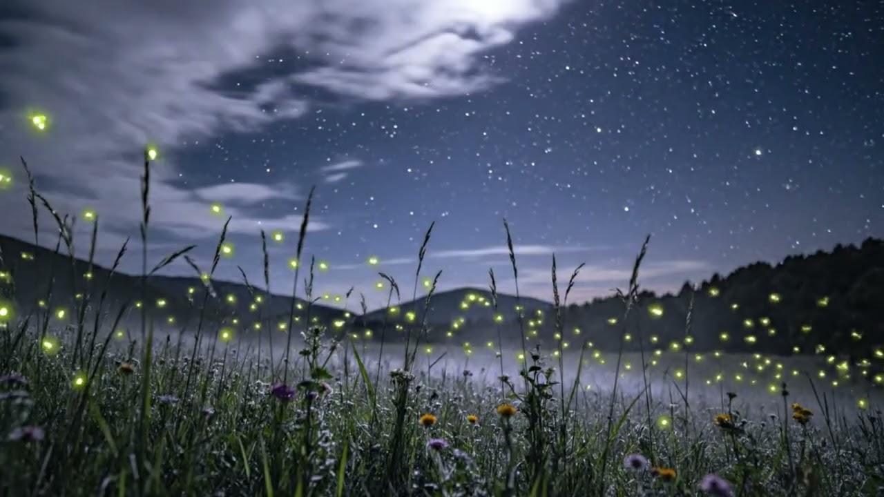 Peaceful Night Meadow ✨ Fireflies & Gentle Wind | 1 Hour Relaxation