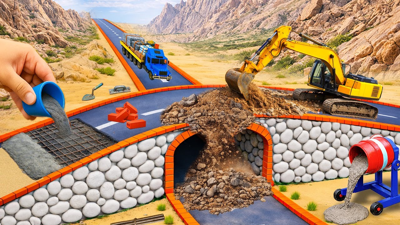 Vehicle Collision – DIY Mini Tractor Builds a Two-Level Concrete Bridge with Stone Underpass