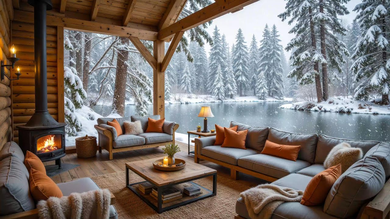 Cozy Lakeside Porch on a Snowy Morning ❄ Smooth Piano Music, Fireplace Sound for Study, Work & Relax