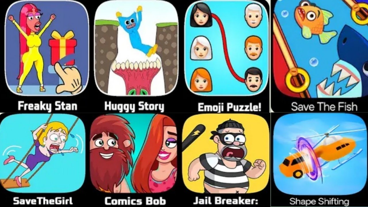 Freaky stan , huggy story, save the girl , emoji puzzle , freaky, comics bob , fun race 3d