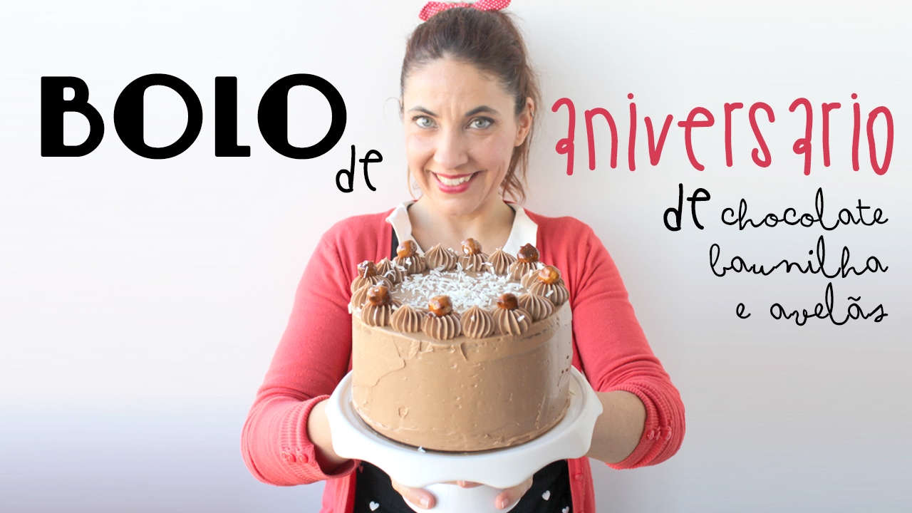 Bolo de Aniversário de Chocolate, Baunilha e Avelãs Caramelizadas