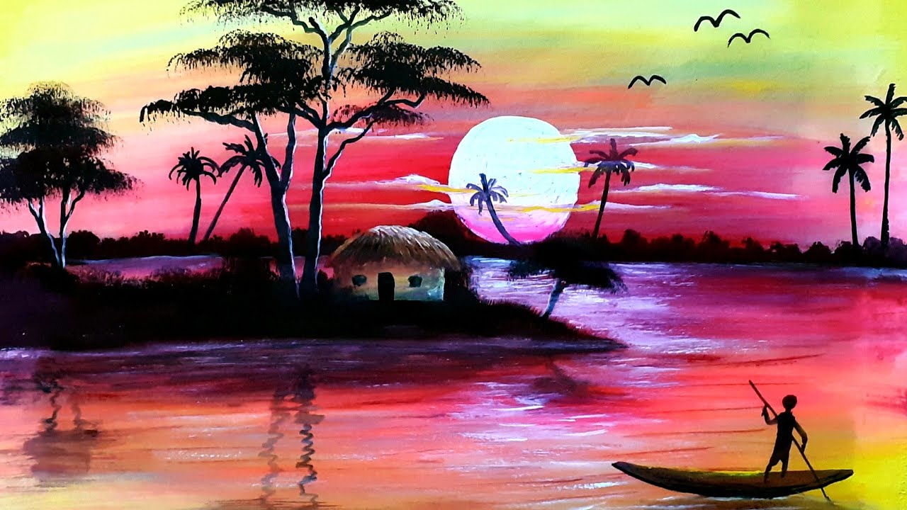 Colorful sunset of a beautiful village || step by step watercolor painting tutorial