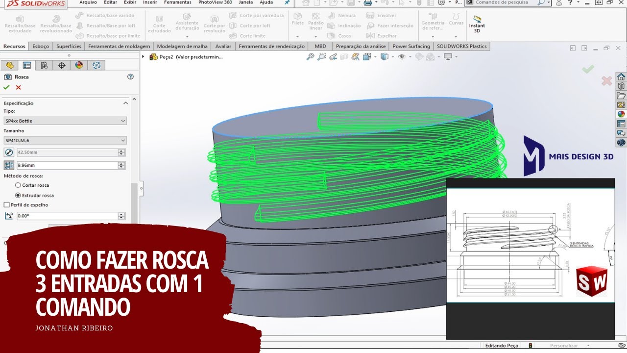 TUTORIAL SOLIDWORKS - CRIANDO ROSCA 3 ENTRADAS COM APENAS UM COMANDO