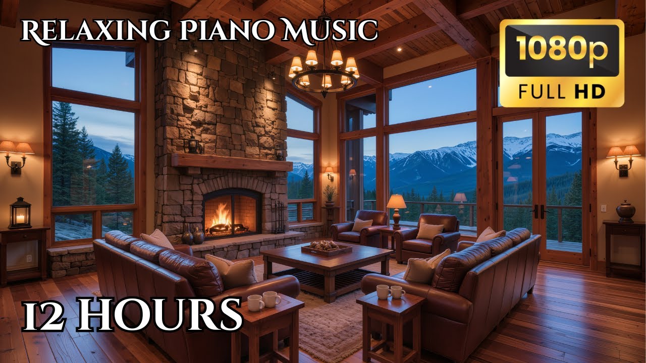 🔥12 Hour Mountain Lodge Fireplace with Piano Background HD