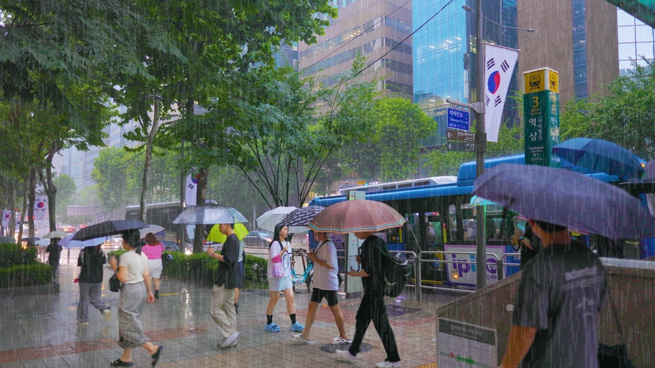 물 폭탄 내린 후 강남역, 역삼역 출근길 아침 풍경, 도시 백색소음, Rain ASMR, 빗소리 ASMR, 서울 여행 워커.