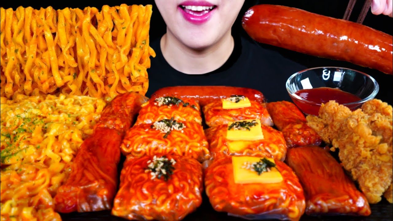 ASMR 매운 불닭쌈 먹방 치즈불닭쌈 불닭팽이버섯 치킨 까르보 불닭볶음면 먹방 SPICY FIRE NOODLES WRAPS & ENOKI MUSHROOMS EATING SOUNDS
