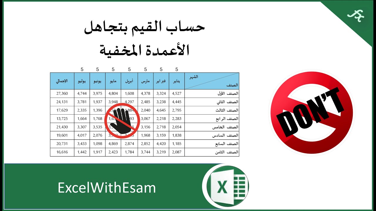جمع القيم بتجاهل الأعمدة المخفية في الإكسل