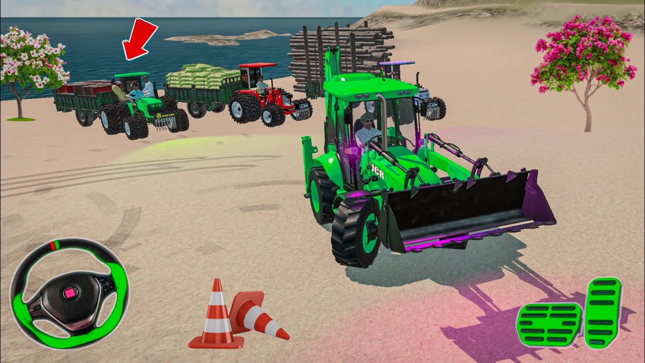 🌊🚜 3 Loaded Tractors vs. ROUGH SEA! Drive & Unload Madness! 🔥 #JCBTractor #games 