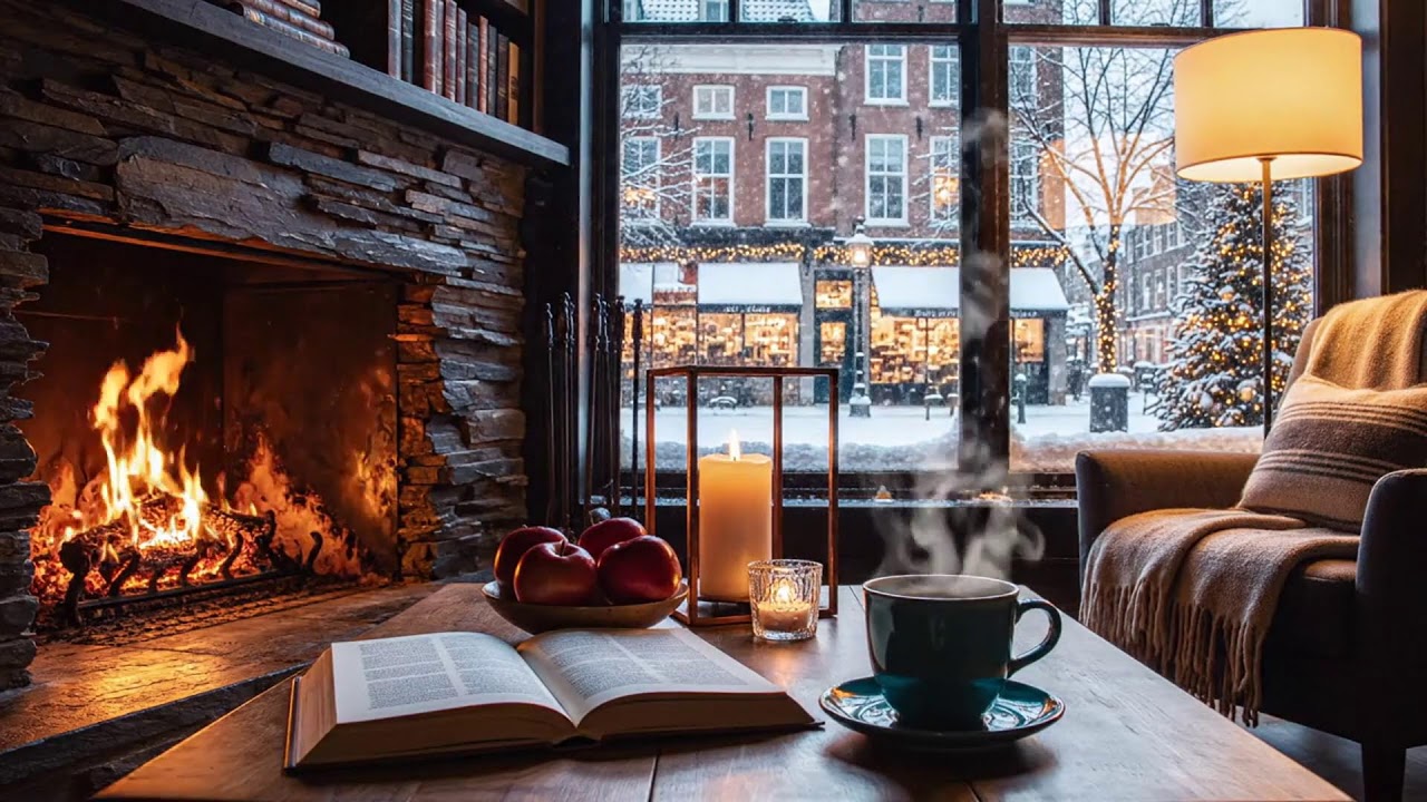 Winter Night Café Sounds ☕ Soft Jazz & Fireplace for Calm Productivity