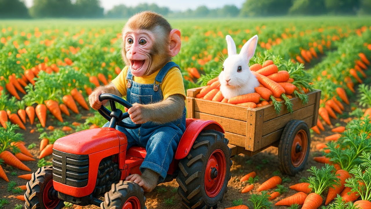 Monkey Harvests Carrots and Rescues a Hurt Little Bunny! - Monkey Farm Work | NiNi Monkey Farm