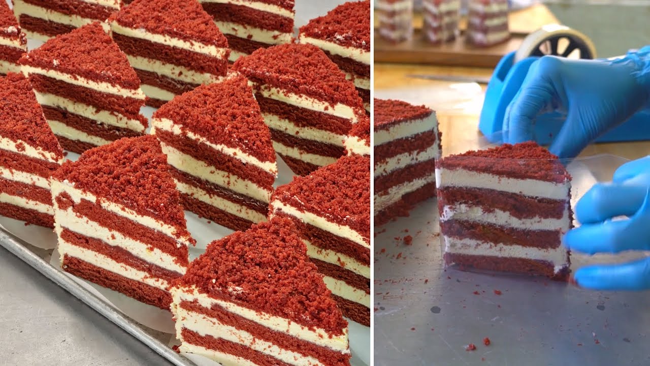 SLICED RED VELVET CAKE WITH CREAM CHEESE FROSTING