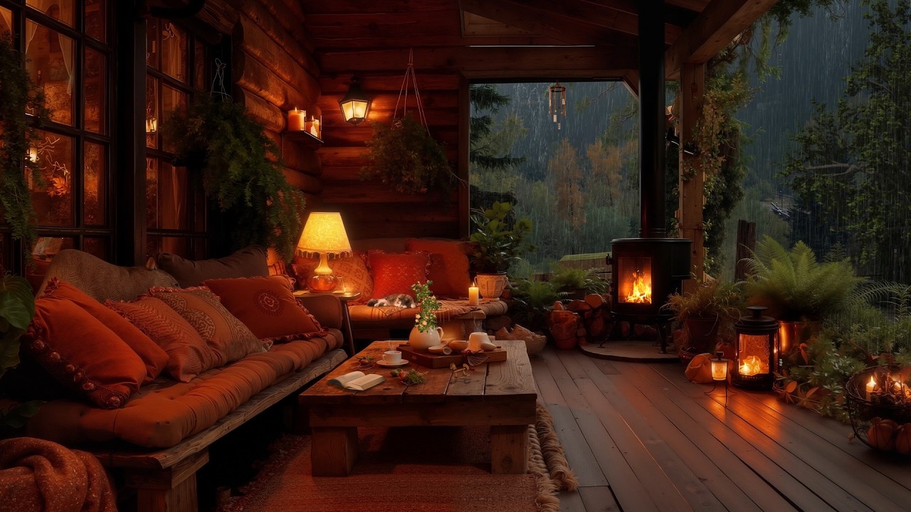 🌧️ Rain Sounds & Crackling Fireplace | Cozy Cabin Heavy Rain for Meditation & Sleep | Quiet Rain
