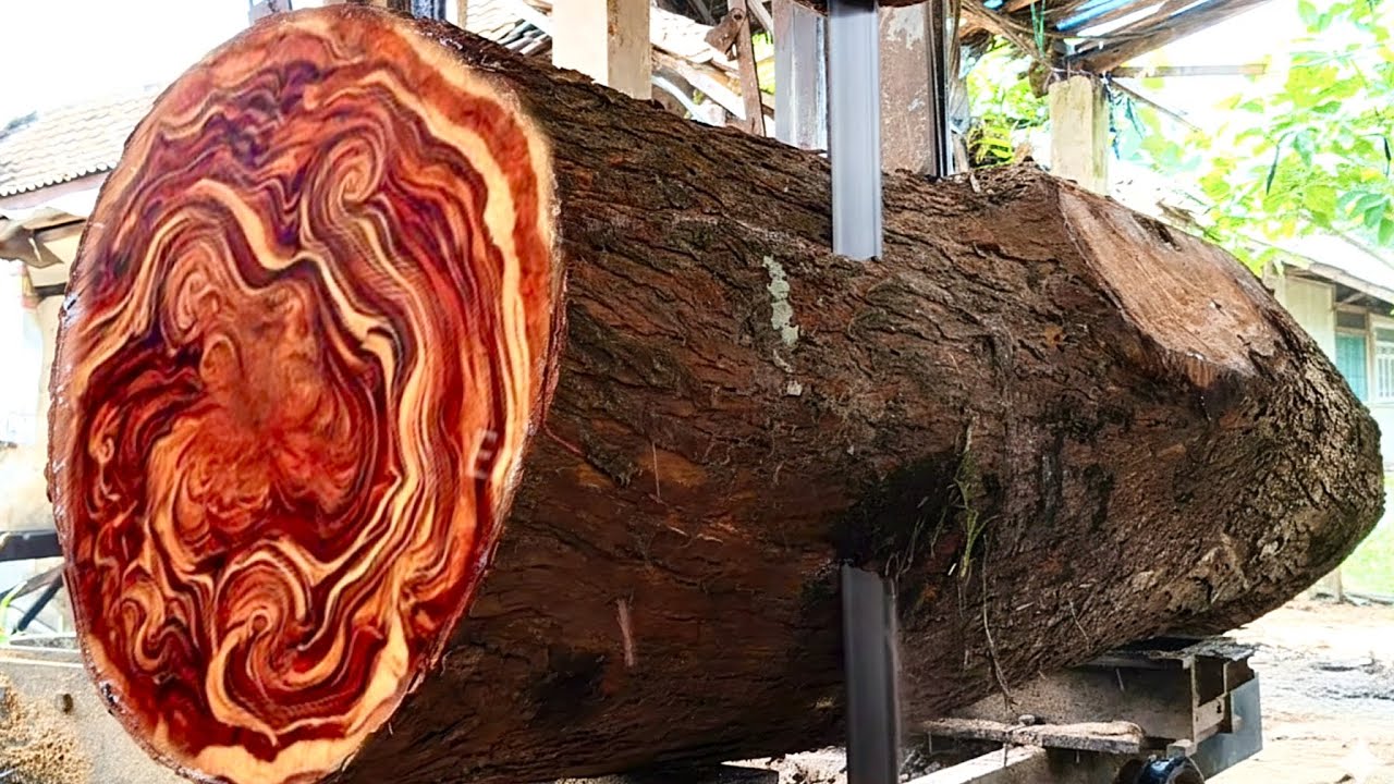 Splitting beautiful mahogany mother trees into premium quality pieces at the sawmill 
