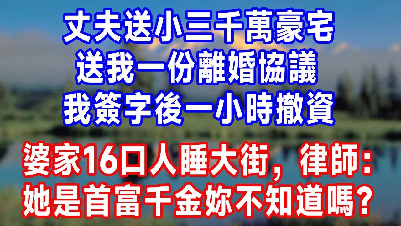 丈夫送小三千萬豪宅，送我一份離婚協議，我簽字後一小時撤資，婆家 16 口人睡大街，律師：她是首富千金妳不知道嗎？#生活經驗