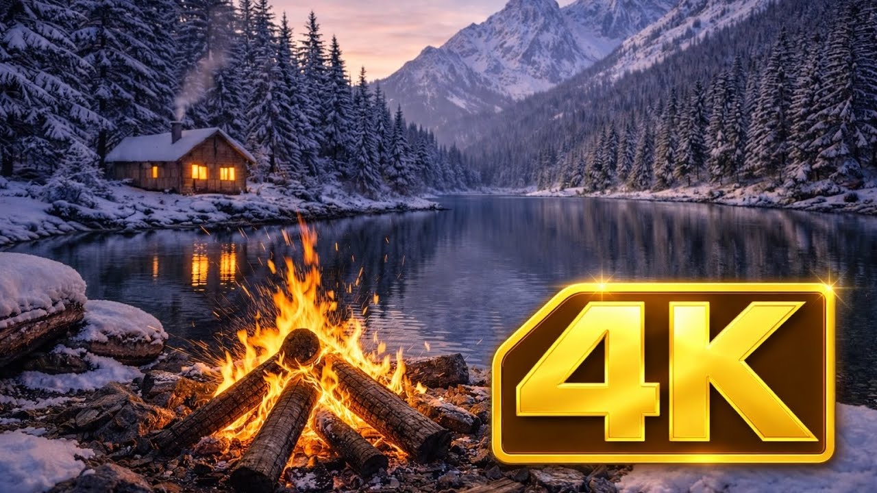 You’re Sitting by a Campfire at a beautiful lake 🔥 Cabin with Crackling Fire Sounds in Winter ❄️