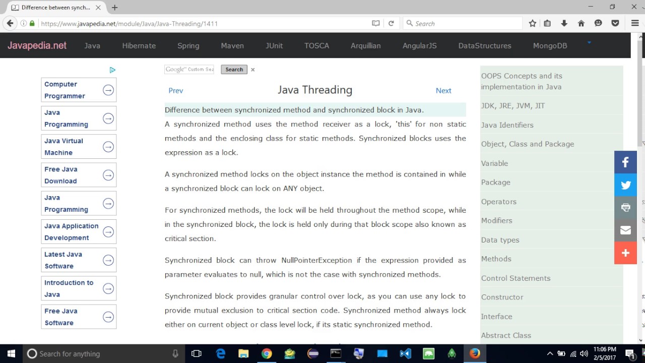Difference between synchronized method and synchronized block in Java. | javapedia.net