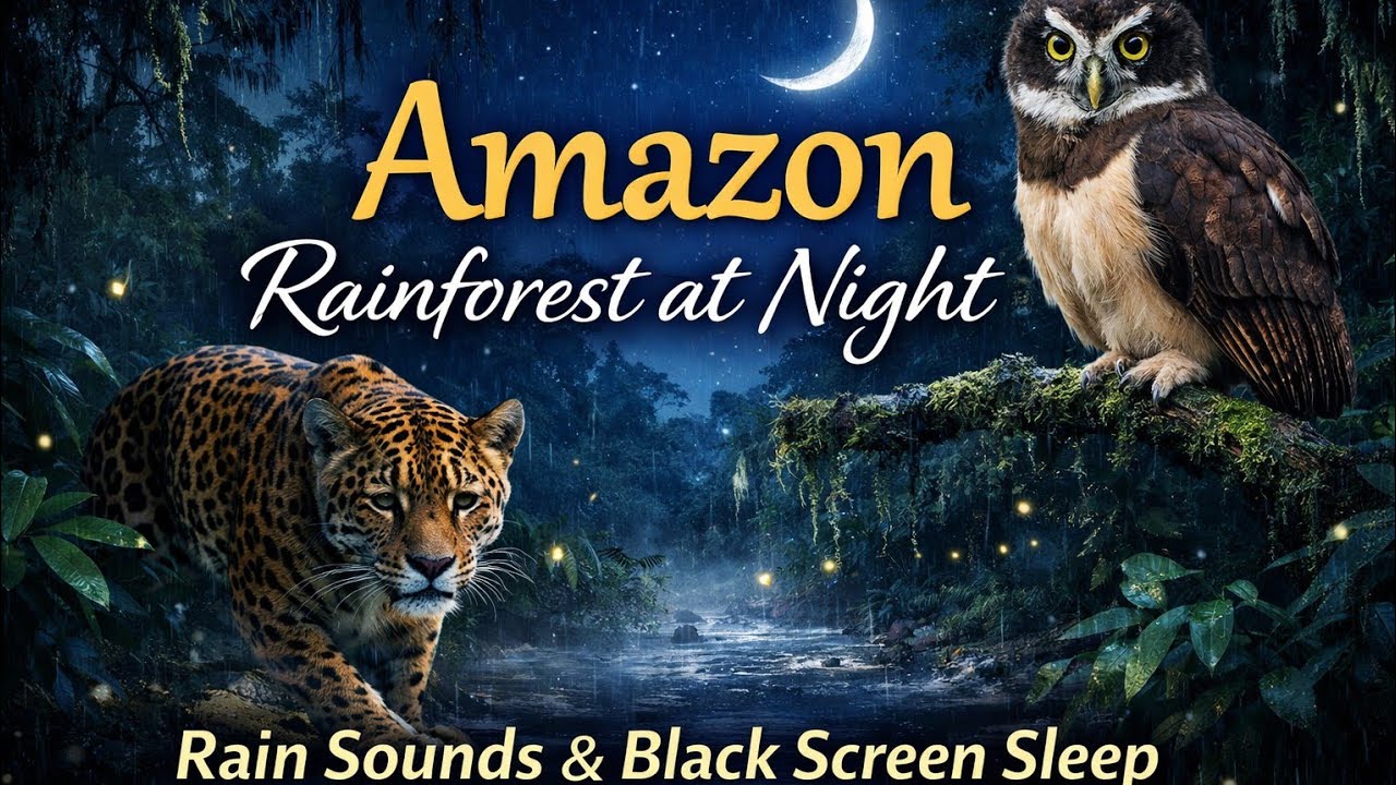 Amazon Rainforest at Night 🌙 Animals, Gentle Rain & Black Screen Sleep Sounds (2 Hours) 