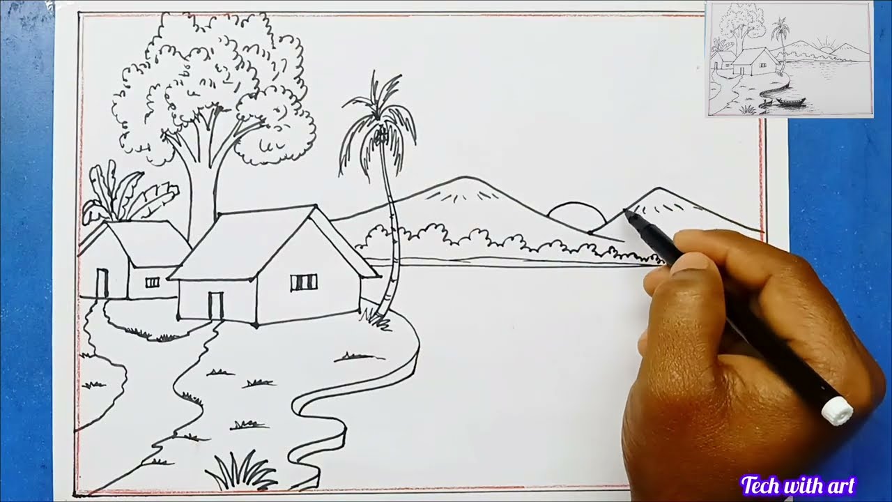 Beautiful village Sunset Scenery Drawing 🔀 Step By Step|✅