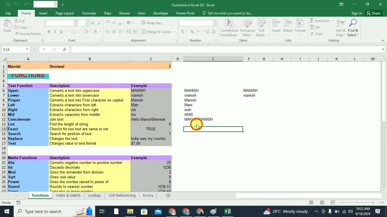 Functions in Excel | Excel text and numeric functions | Advance Excel Tutorial in hindi
