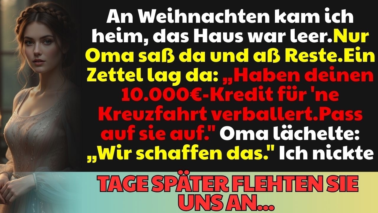 Das Haus war leer als ich kam. Nur Oma aß Reste. Ein Zettel sagte...